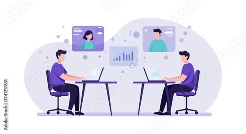 Remote work collaboration in modern office environment with flat design