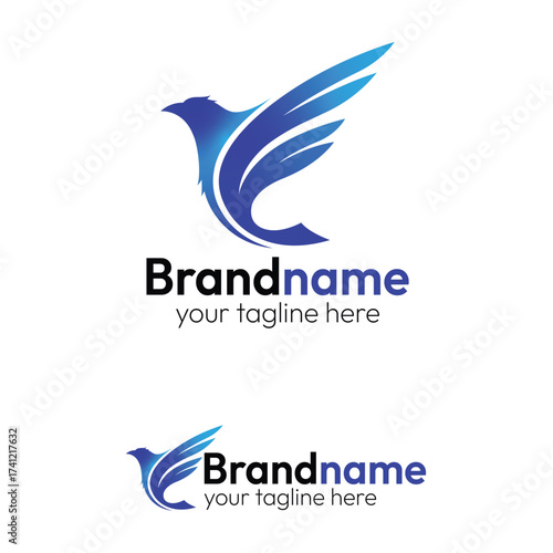 Dynamic Flying Bird Logo Vector: Abstract Blue Eagle or Falcon Symbol for Freedom, Speed, Travel, and Professional Business Branding