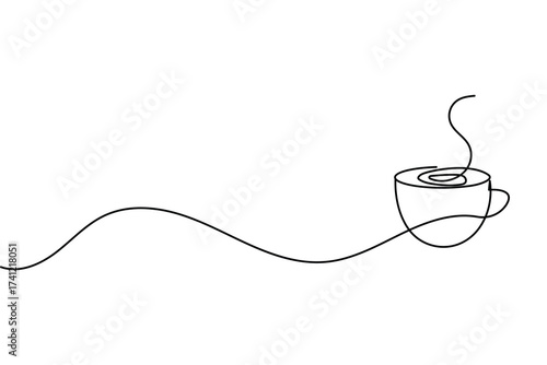 Coffee cup with steam continuous one line drawing minimalist style illustration