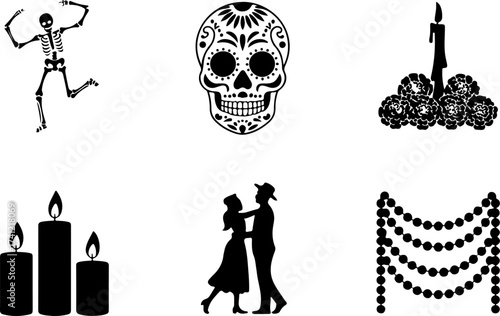silhouette bundle of Skeleton dancer, Sugar skull, Marigold bunch, Candle set, Parade couple, Garland row 