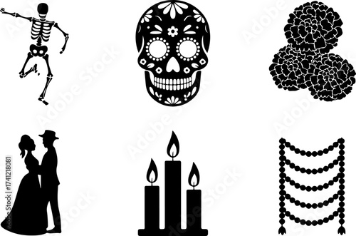 silhouette bundle of Skeleton dancer, Sugar skull, Marigold bunch, Candle set, Parade couple, Garland row 