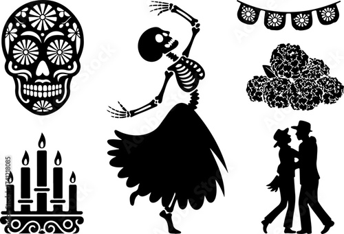 silhouette bundle of Skeleton dancer, Sugar skull, Marigold bunch, Candle set, Parade couple, Garland row 