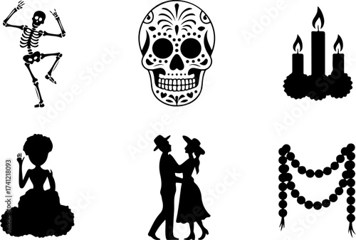 silhouette bundle of Skeleton dancer, Sugar skull, Marigold bunch, Candle set, Parade couple, Garland row 