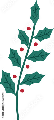 Holly branch with berries flat stock vector illustration. 
Christmas Holly Leaves and Berries clipart Isolated.
Transparent background. svg.