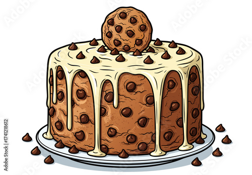 An illustrated depiction of a chocolate chip cake with a vanilla glaze and chocolate chips, showcasing creative cake decorating techniques and culinary artistry