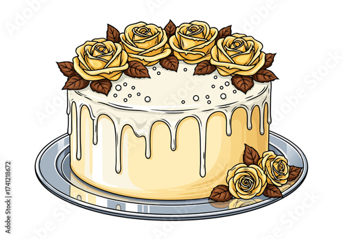 Delicious Cream Cake Decorating with Yellow Roses and Chocolate Leaves for Celebration