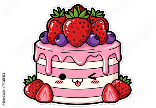 Cute Strawberry and Blueberry Layer Cake Decorating Illustration, Adorable Dessert Treat with Whipped Cream Frosting and Fresh Berries