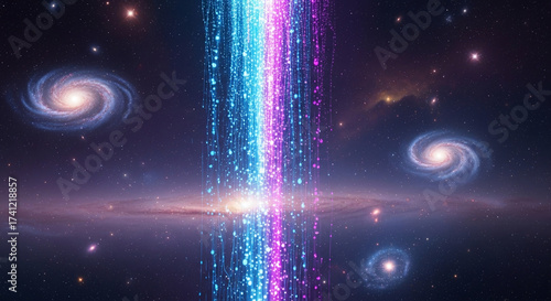Cosmic Radiance: A breathtaking display of celestial phenomena, with swirling galaxies and a radiant beam of light illuminating the vastness of space.