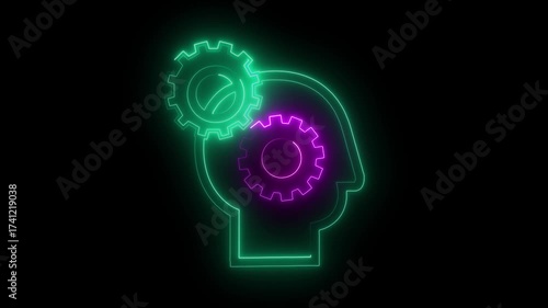 Wallpaper Mural Glowing Neon Head with Gears Concept, Futuristic Artificial Intelligence Design, Human Mind and Technology Integration, Bright Purple and Green Cogwheel Animation Frame, Innovation Thinking  Torontodigital.ca