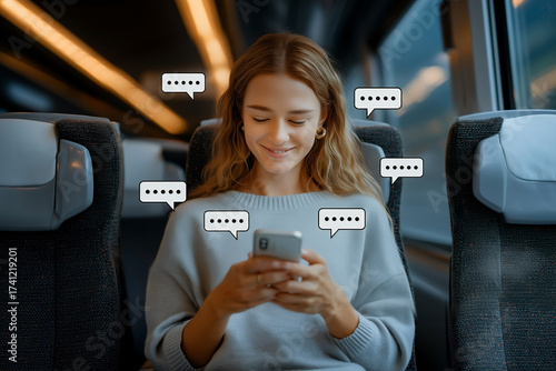 Young woman smiling while texting on smartphone during relaxing train journey with digital chat bubbles around