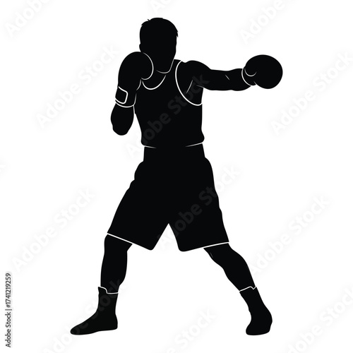 Dynamic silhouette of a boxer in mid-punch action athletic sports fitness martial arts competition silhouette