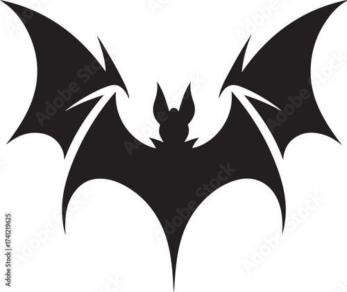 A stark black silhouette of a bat with its wings spread wide, creating a dramatic and iconic shape.