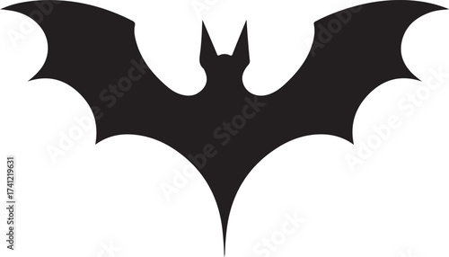 A stark black silhouette of a bat with its wings spread wide, creating a dramatic and iconic shape.