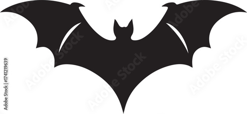 A stark black silhouette of a bat with its wings spread wide, creating a dramatic and iconic shape.
