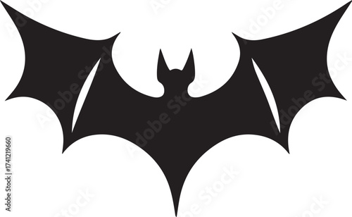 A stark black silhouette of a bat with its wings spread wide, creating a dramatic and iconic shape.