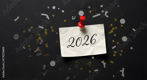 Exciting 2026 new year celebration concept with shiny confetti on dark background, planning and goals for a bright future, festive event countdown