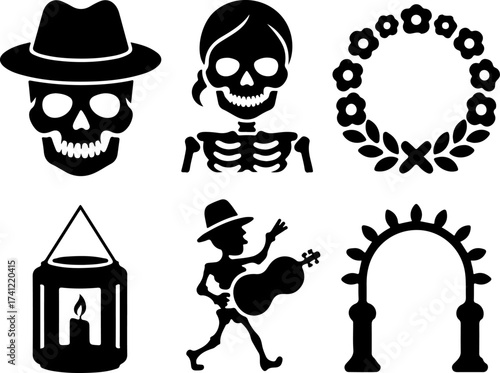 silhouette bundle of Skull with hat, Skeleton woman, Floral wreath, Candle lantern, Parade musician, and Decorative arch