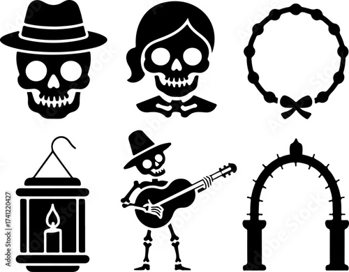 silhouette bundle of Skull with hat, Skeleton woman, Floral wreath, Candle lantern, Parade musician, and Decorative arch