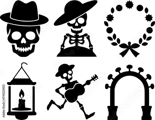 silhouette bundle of Skull with hat, Skeleton woman, Floral wreath, Candle lantern, Parade musician, and Decorative arch