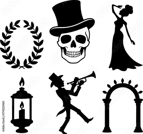 silhouette bundle of Skull with hat, Skeleton woman, Floral wreath, Candle lantern, Parade musician, and Decorative arch
