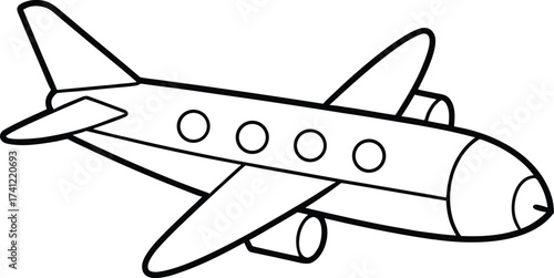 Simple line drawing of a passenger airplane with windows and engines, isolated on white background