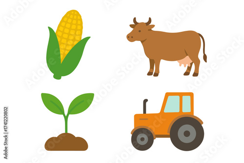 Farming and agriculture vector icon set. Isolated objects of corn, cow, tractor, sprout. Concepts for breeding, cultivation, harvest, agribusiness, and organic food. Flat design.