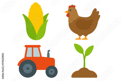 Agriculture and farming icon set. Vector illustration of a tractor, chicken, corn, and plant sprout. Concept for cultivation, harvest, breeding, livestock, and organic food.