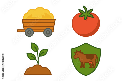 Set of agriculture and farming icons. Vector collection of hay wagon, tomato vegetable, plant sprout, and cow livestock shield. Flat illustration for farm, harvest, food concepts.