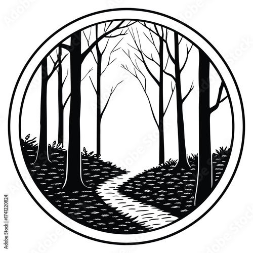 A black silhouette of a hiking trail in fall