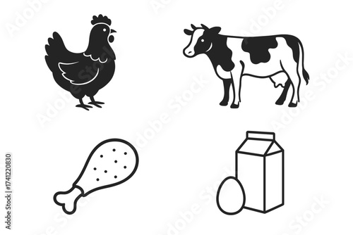 Farm fresh food icon set with hen and cow. Vector symbols of poultry meat, beef, milk, and eggs. Isolated livestock and kitchen pictograms for grocery or market branding.