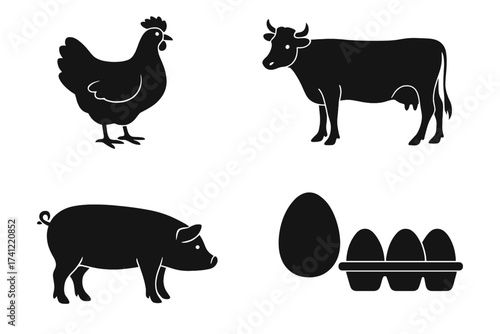 Farm animals icon set with chicken, cow, pig, and eggs. Vector silhouettes for agriculture, livestock, and food production. Isolated graphic elements for farming design.