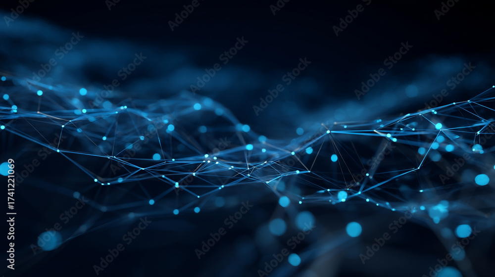 Obraz premium A digital network with interconnected nodes and lines in shades of blue against a dark background