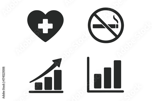 Health and no smoking icon set. Vector symbols for medical care, quitting nicotine addiction. Bar chart and growth graph showing statistics on smoking risks and improvement.
