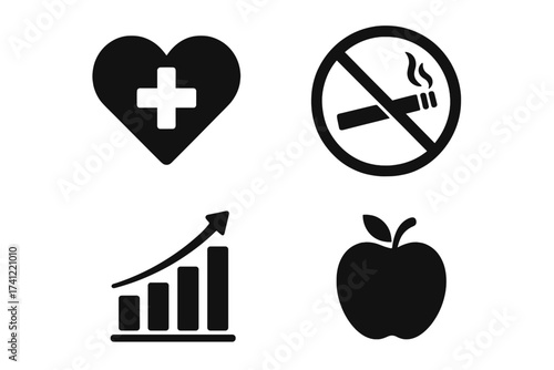 Health and wellness icon set vector collection. No smoking sign, medical heart with cross, apple for healthy diet, and growth bar chart. Concept of lifestyle improvement.