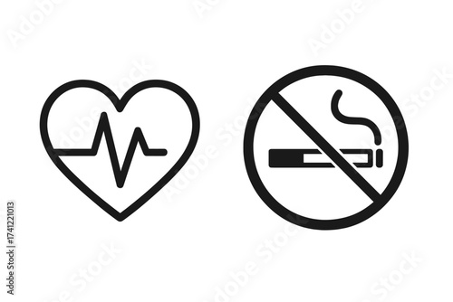 No smoking sign with heart health icon. Concept of quitting smoking for a healthy heart. Cardiology care and avoiding nicotine addiction. Heartbeat and cigarette risk symbol.