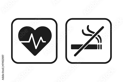 No smoking for heart health concept. Quit habit for healthy heart beat. Nicotine addiction danger icon. Cardiology and anti tobacco vector illustration set. Stop smoke sign.