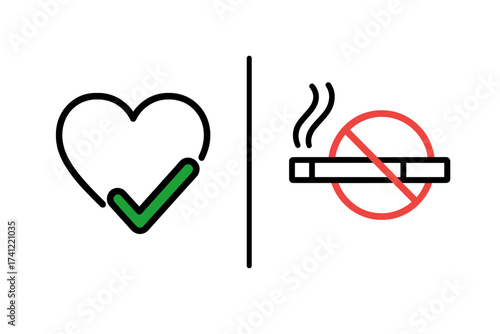 Healthy heart versus cigarette. No smoking for health. Quit nicotine and tobacco for a healthy lifestyle. Stop smoking concept vector icon. Choose wellness over addiction.