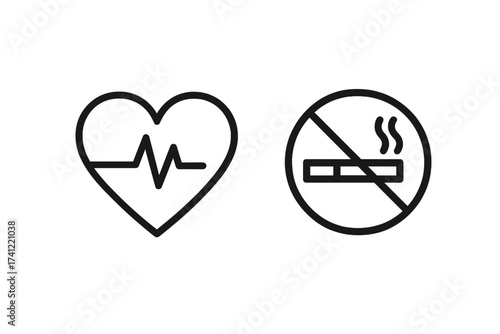 No smoking sign icon. Heartbeat cardiogram. Health care concept. Dangers of nicotine addiction. Stop tobacco for a healthy heart. Quit bad habits. Unhealthy vs healthy life.
