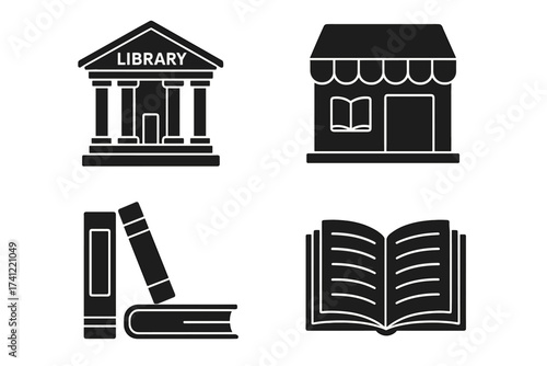 Library and bookstore glyph icon set. Black silhouettes of a public library, bookshop, open book, and textbook stack for education, knowledge, learning, literature, and reading.