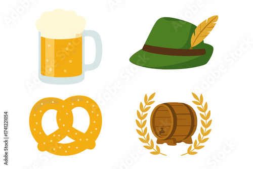 Oktoberfest vector icon set. German beer festival elements. Flat cartoon illustration. Beer mug, pretzel, traditional Bavarian hat, wooden barrel. Germany food and drink symbols.