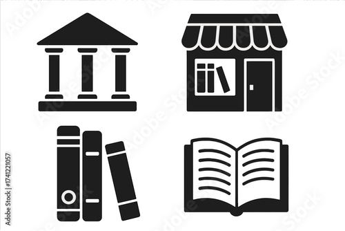 Library and bookstore black glyph icon set. Public university, courthouse, or bank building symbol. Reading, literature, and education concept. Open book and bookshelf icons.