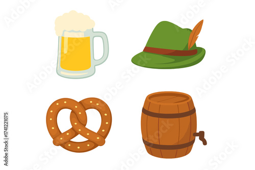 Oktoberfest icon set vector illustration. German beer festival collection with pretzel, beer mug, hat, and barrel. Traditional Bavarian symbols for bar or pub menu design.