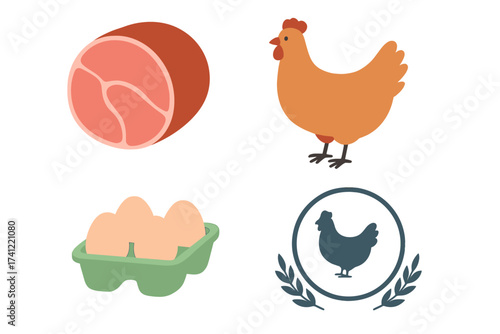 Poultry farm products vector icon set. Hen, fresh eggs in a carton, and ham meat illustration. Organic food concept for agriculture logo, butcher shop or grocery store.