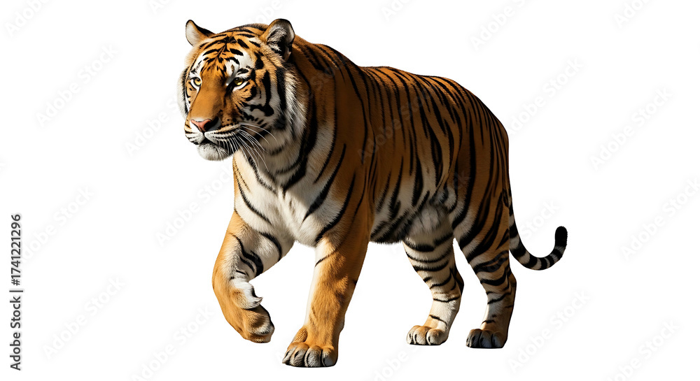 Obraz premium Majestic Tiger Walking with Confidence on White Background.