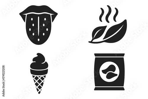 Taste and food icon set. Tongue with taste buds, ice cream, potato chips and tea leaves. Flavor and sensory perception symbols. Glyph collection for snack and product.