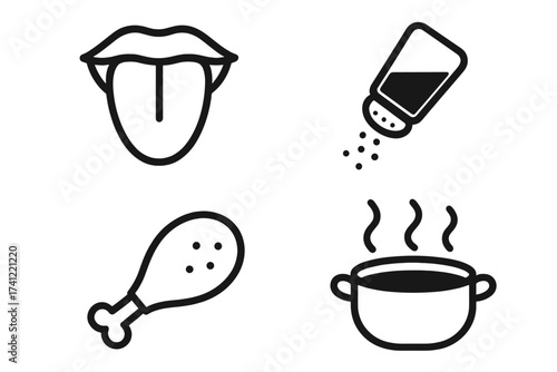 Food and cooking black line icons set. Isolated vector taste and product symbols collection. Features tongue for flavor, salt shaker for seasoning, chicken leg, and hot soup pot.