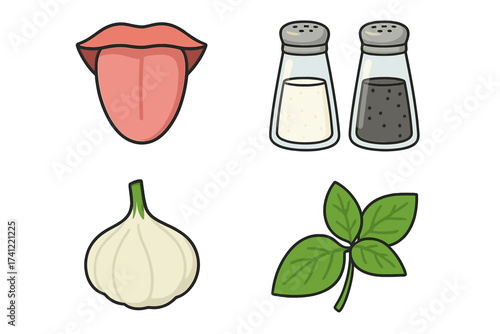 Set of taste and seasoning vector icons. Isolated cartoon symbols of tongue, salt and pepper shakers, garlic, and basil. Food flavor, cooking ingredient, and spice concept.