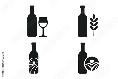 Wine bottle and glass icon set. Vector graphic design elements. Alcohol beverage logo concept for winery, bar or restaurant. Agriculture, vineyard and farm symbols. Black silhouette.