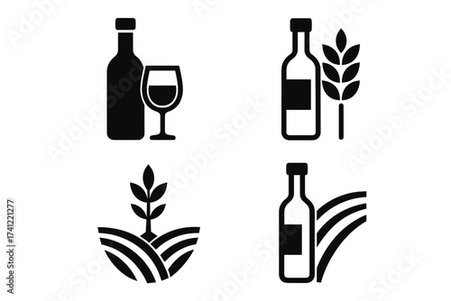 Wine bottle and glass icon set. Agriculture and farm logo collection. Vector symbols for winery, organic food, wheat crop, and natural products. Minimalist design for branding.