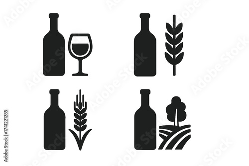 Vector wine and alcohol icon set. Bottle, glass, wheat, and vineyard symbols. Logo concept for winery, brewery, or distillery. Farm-to-bottle production and agriculture.